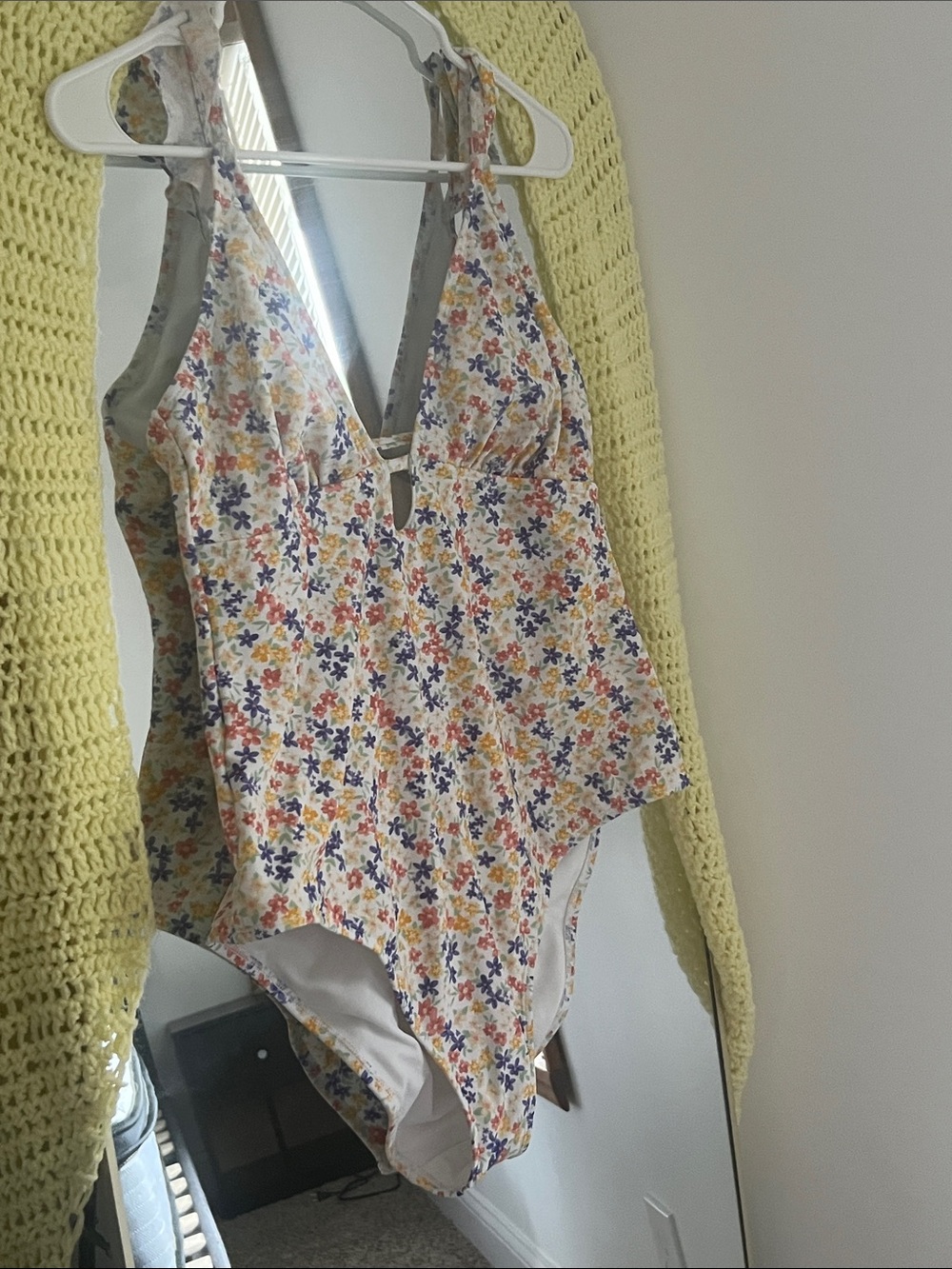 Floral One-Piece Swimsuit in White with Yellow, Blue, and Pink Flowers